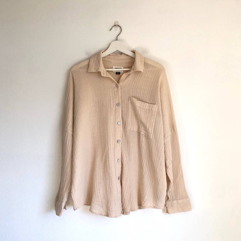 American Eagle Cream Gauze Oversized Button Up Shirt Size Small Coastal Beach